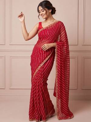 Red striped embroidered designer leheriya saree with unstiched blouse 1