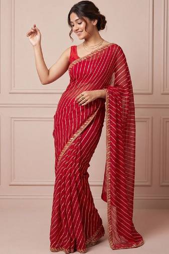 Red striped embroidered designer leheriya saree with unstiched blouse
