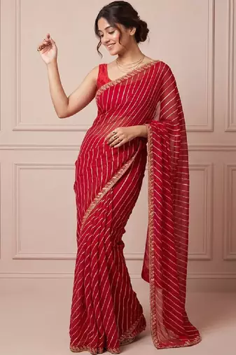 Red striped embroidered designer leheriya saree with unstiched blouse