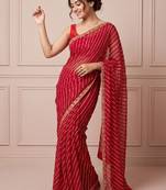 Red striped embroidered designer leheriya saree with unstiched blouse