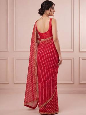 Red striped embroidered designer leheriya saree with unstiched blouse 2