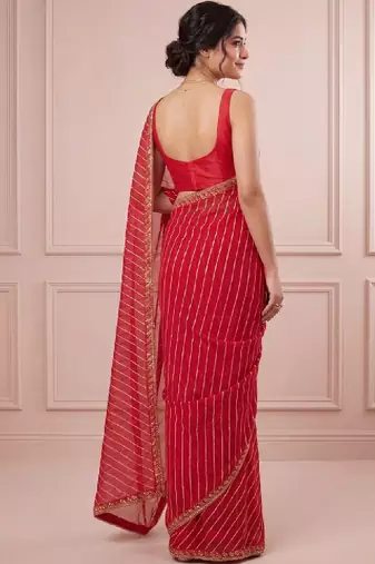 Red striped embroidered designer leheriya saree with unstiched blouse