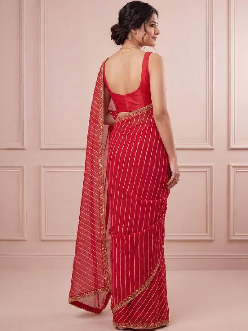 Red striped embroidered designer leheriya saree with unstiched blouse