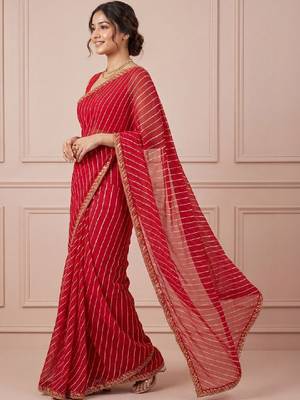 Red striped embroidered designer leheriya saree with unstiched blouse 3