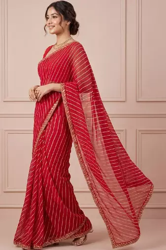 Red striped embroidered designer leheriya saree with unstiched blouse