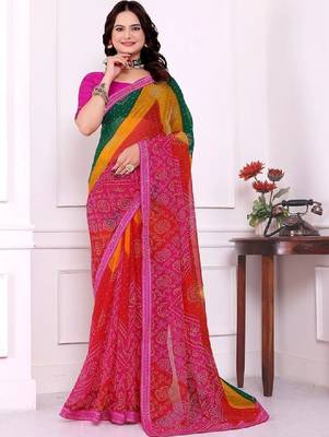 Batik mirror work pure chiffon leheriya saree 1