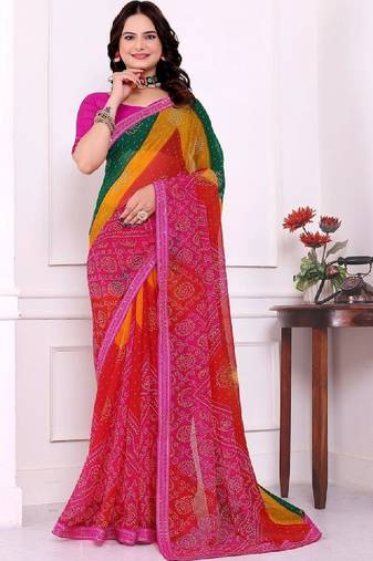 Batik mirror work pure chiffon leheriya saree