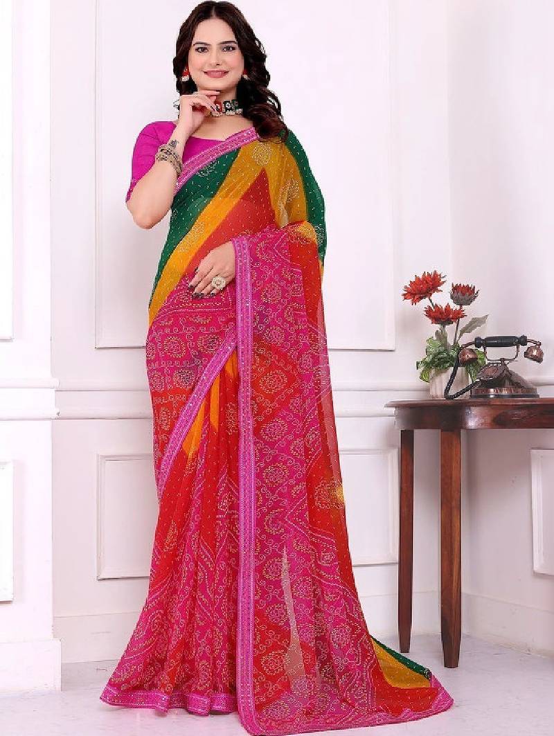 Batik mirror work pure chiffon leheriya saree