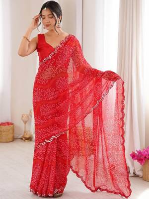 Bandhani mirror work poly georgette bandhani saree 1