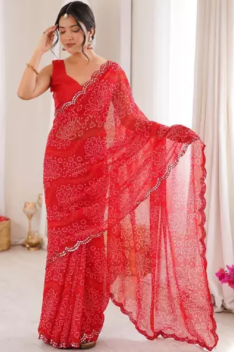 Bandhani mirror work poly georgette bandhani saree
