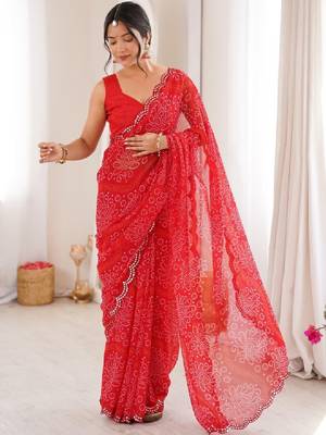 Bandhani mirror work poly georgette bandhani saree 4