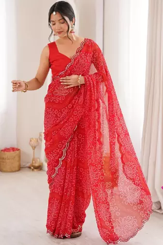 Bandhani mirror work poly georgette bandhani saree