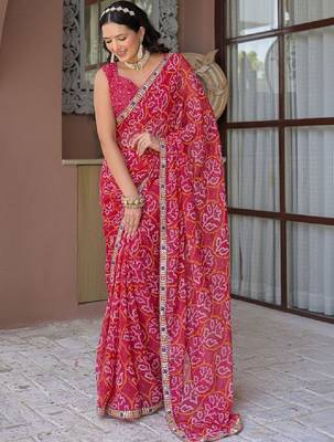 Bandhani mirror work pure chiffon bandhani saree 1