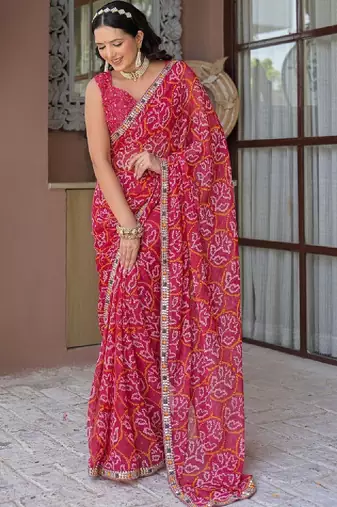 Bandhani mirror work pure chiffon bandhani saree