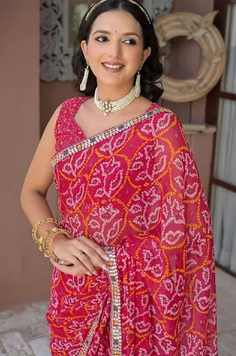 Bandhani mirror work pure chiffon bandhani saree