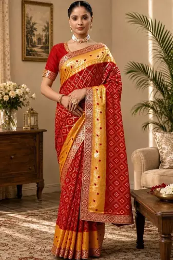 Woven design zari poly georgette designer bandhani saree