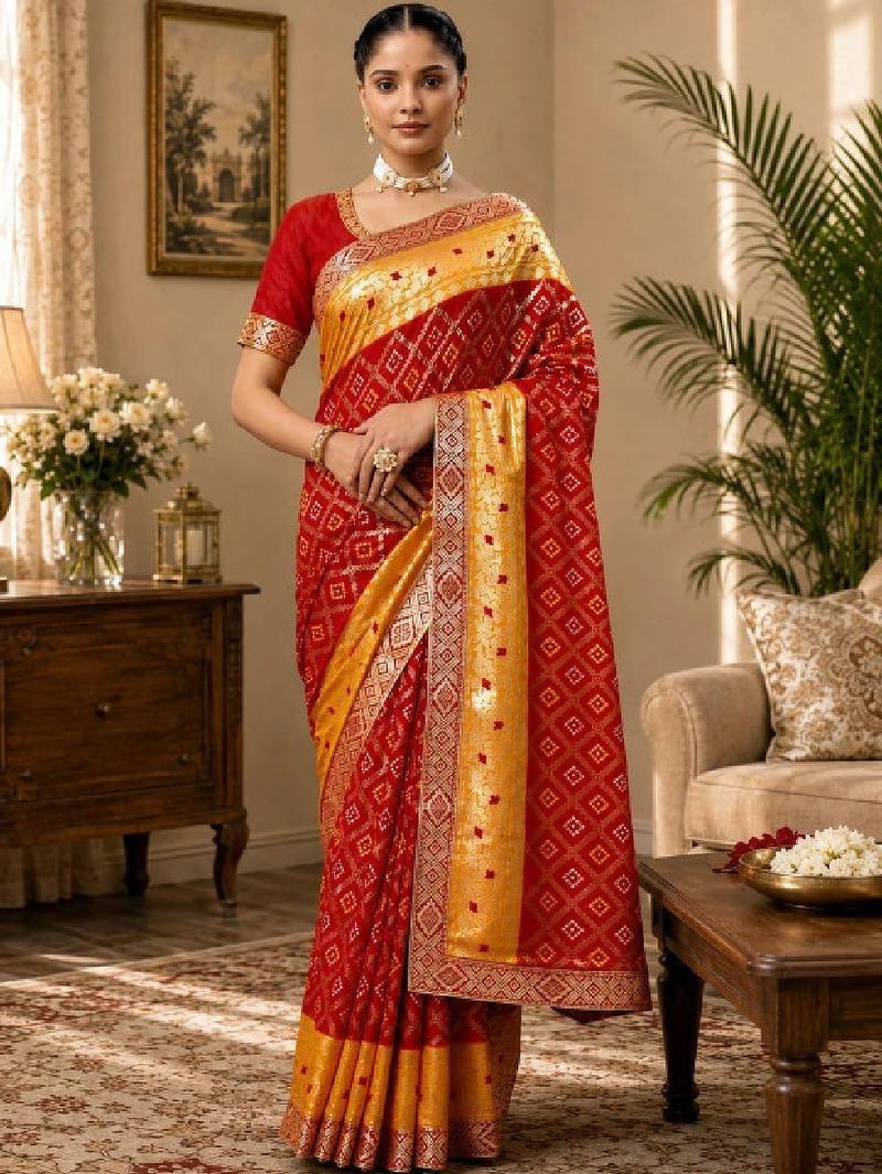 Woven design zari poly georgette designer bandhani saree