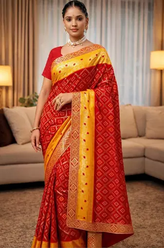 Woven design zari poly georgette designer bandhani saree