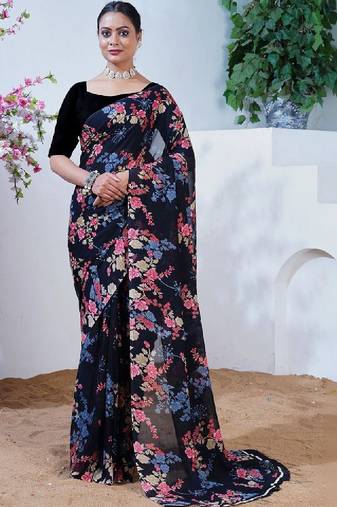 Floral pure georgette bandhani saree