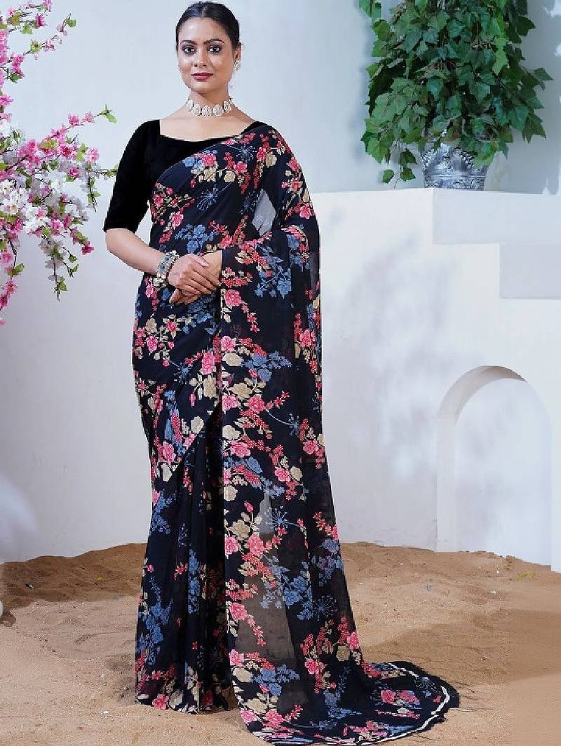 Floral pure georgette bandhani saree