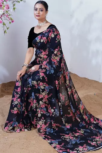 Floral pure georgette bandhani saree