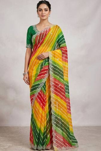 Leheriya embroidered poly georgette designer leheriya saree