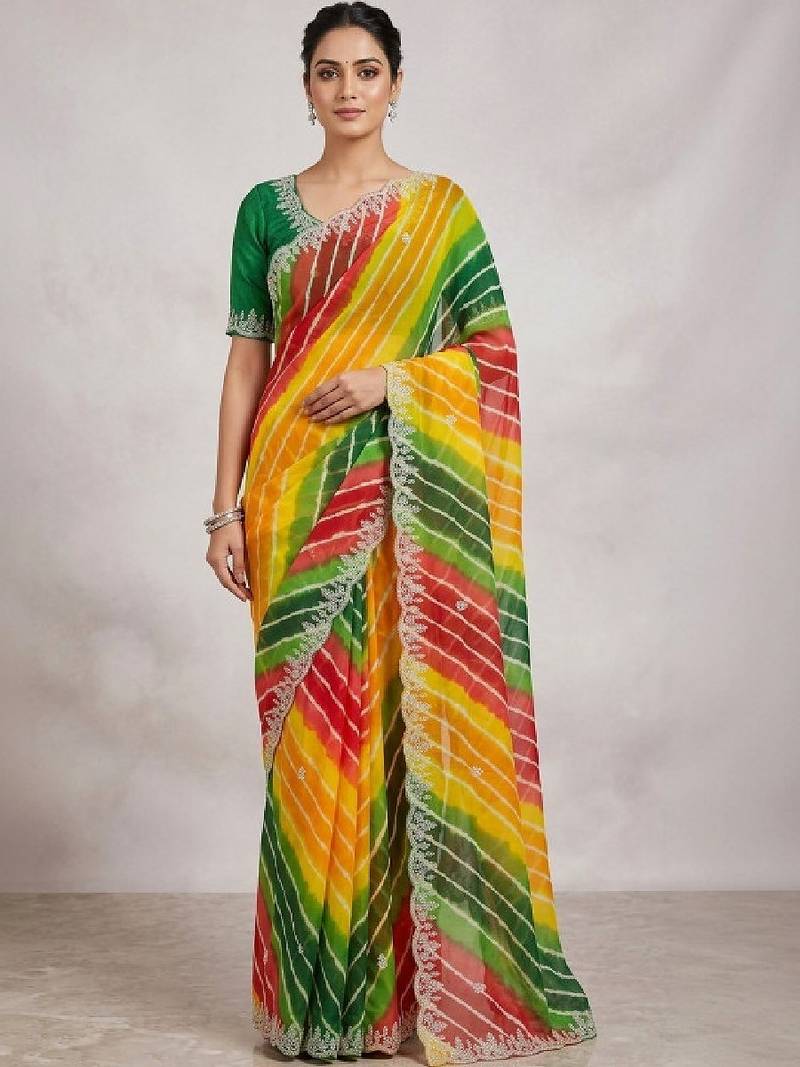 Leheriya embroidered poly georgette designer leheriya saree