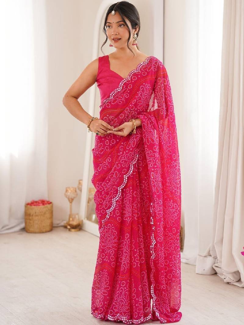 Bandhani mirror work poly georgette bandhani saree