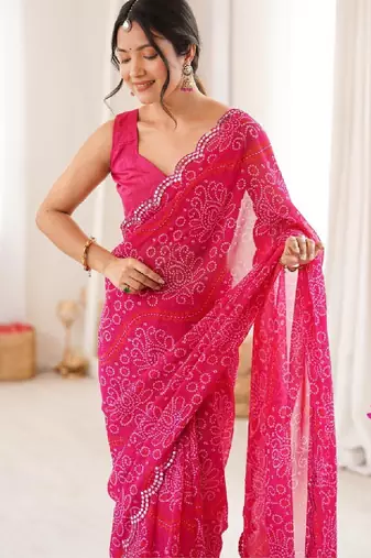 Bandhani mirror work poly georgette bandhani saree