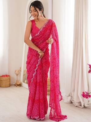 Bandhani mirror work poly georgette bandhani saree 4