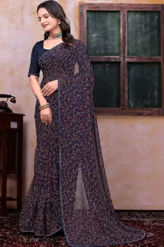 Floral poly georgette bandhani saree