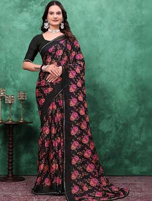 Floral poly georgette bandhani saree 1