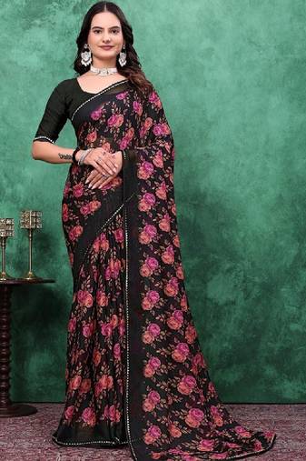 Floral poly georgette bandhani saree