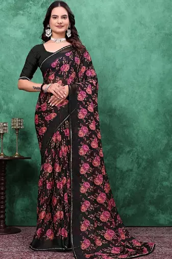 Floral poly georgette bandhani saree