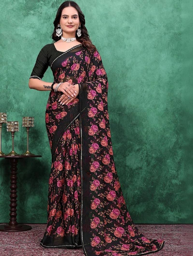 Floral poly georgette bandhani saree