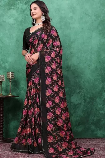 Floral poly georgette bandhani saree