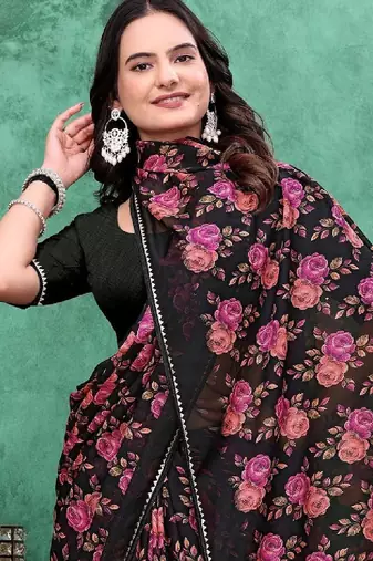 Floral poly georgette bandhani saree