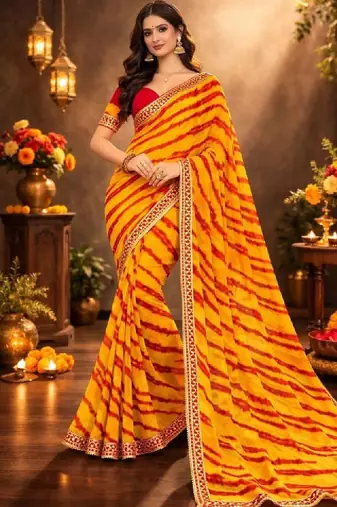 Tie and dye pure chiffon leheriya saree