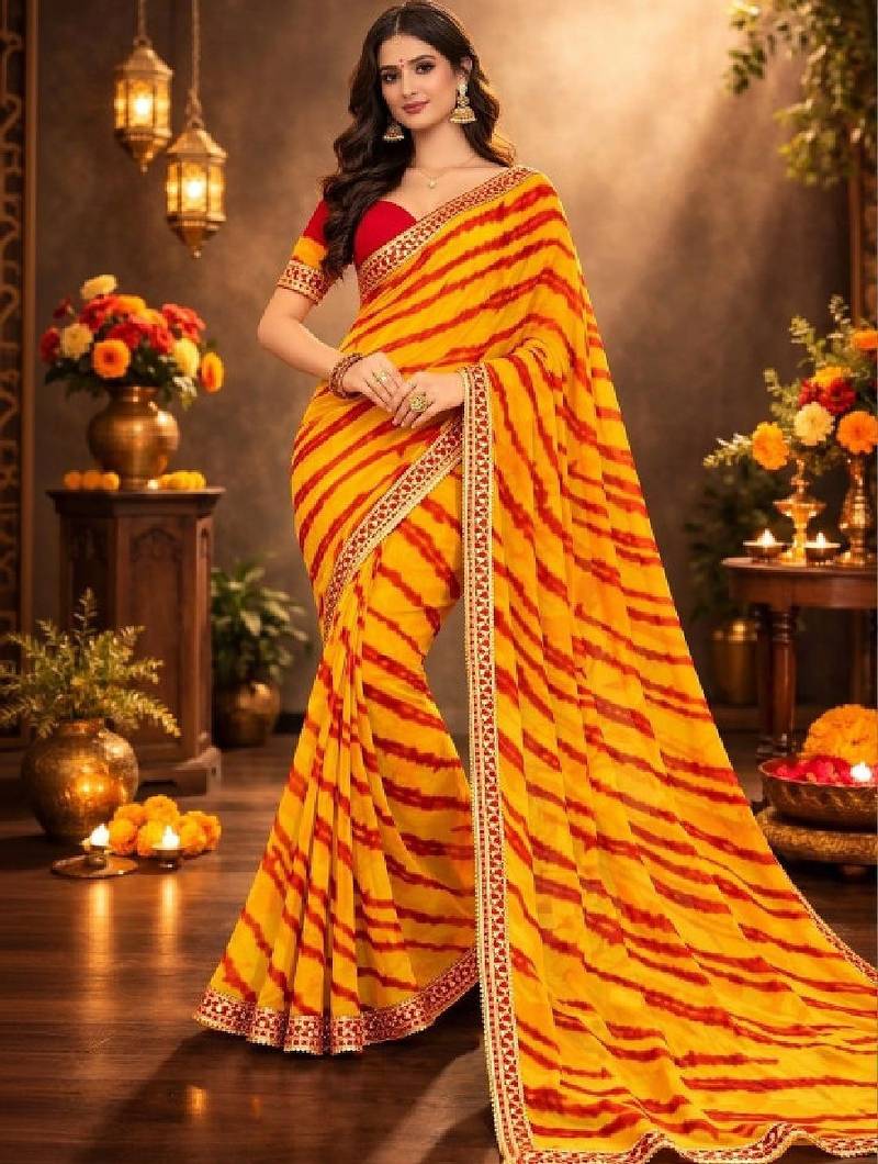 Tie and dye pure chiffon leheriya saree