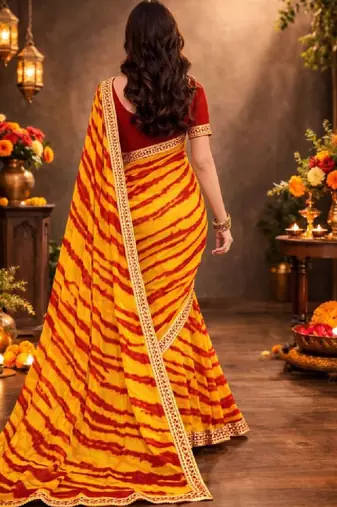 Tie and dye pure chiffon leheriya saree