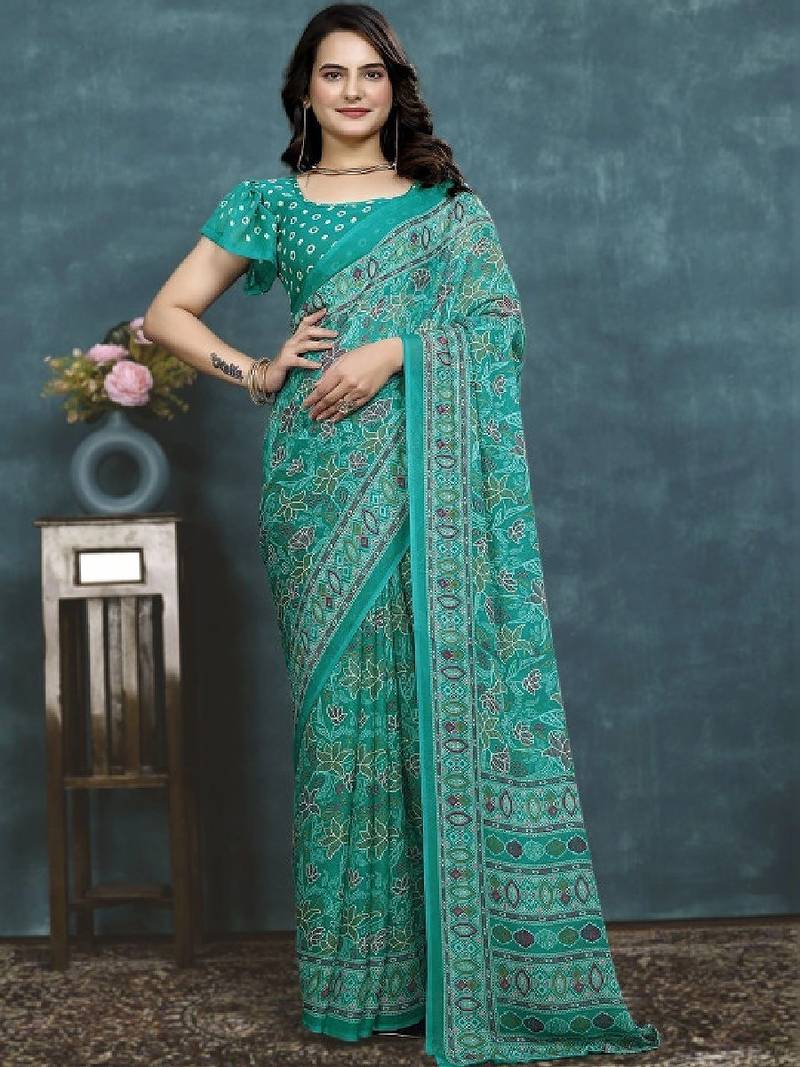 Floral pure georgette bandhani saree