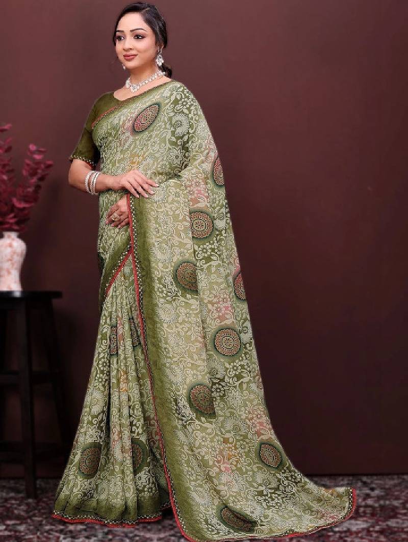 Floral poly georgette bandhani saree