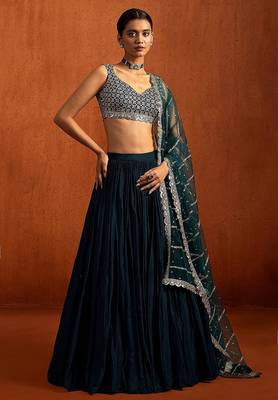 Teal Embroidered Chinon Silk Lehenga For Women 1