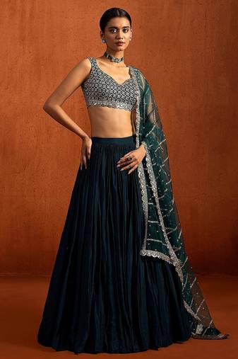 Teal Embroidered Chinon Silk Lehenga For Women