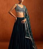 Teal Embroidered Chinon Silk Lehenga For Women
