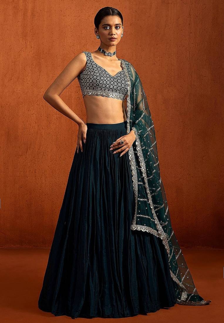 Teal Embroidered Chinon Silk Lehenga For Women