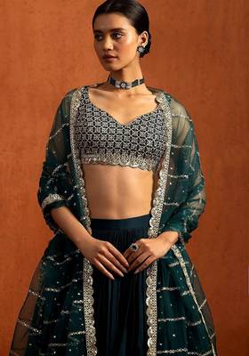 Teal Embroidered Chinon Silk Lehenga For Women 2