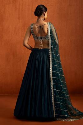 Teal Embroidered Chinon Silk Lehenga For Women 4