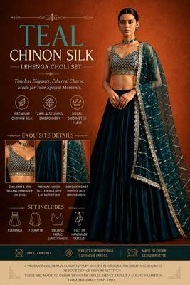 Teal Embroidered Chinon Silk Lehenga For Women 5