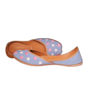 Blue denim juttis with white and pink thread embroidery 2